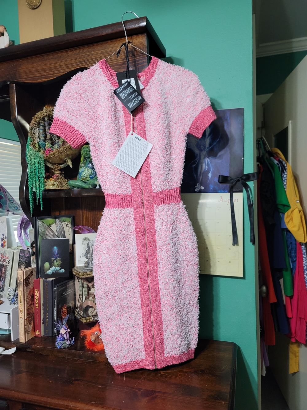 Elisabetta Franchi Pink Short-Sleeve Textured Knit Dress, Coral Pink, Size 40